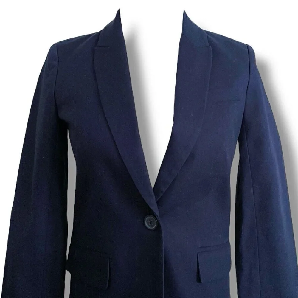 J by J Crew Women Cotton Work Blazer Sz 00 Navy Blue Preppy Career Office Cruise